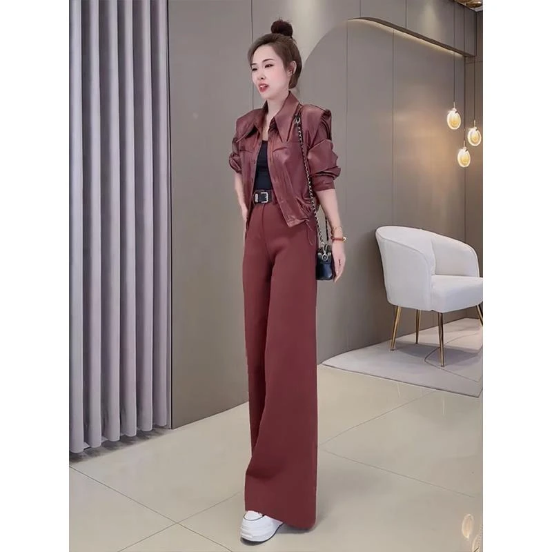 欧货复古安可拉红套装女春季爆款洋气夹克短外套高腰阔腿裤两件套