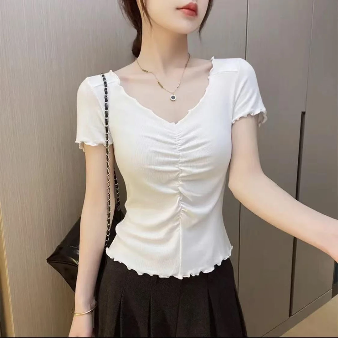 夏季短袖T恤2025新款修身低领洋气打底松紧深V冰丝螺纹体恤上衣女