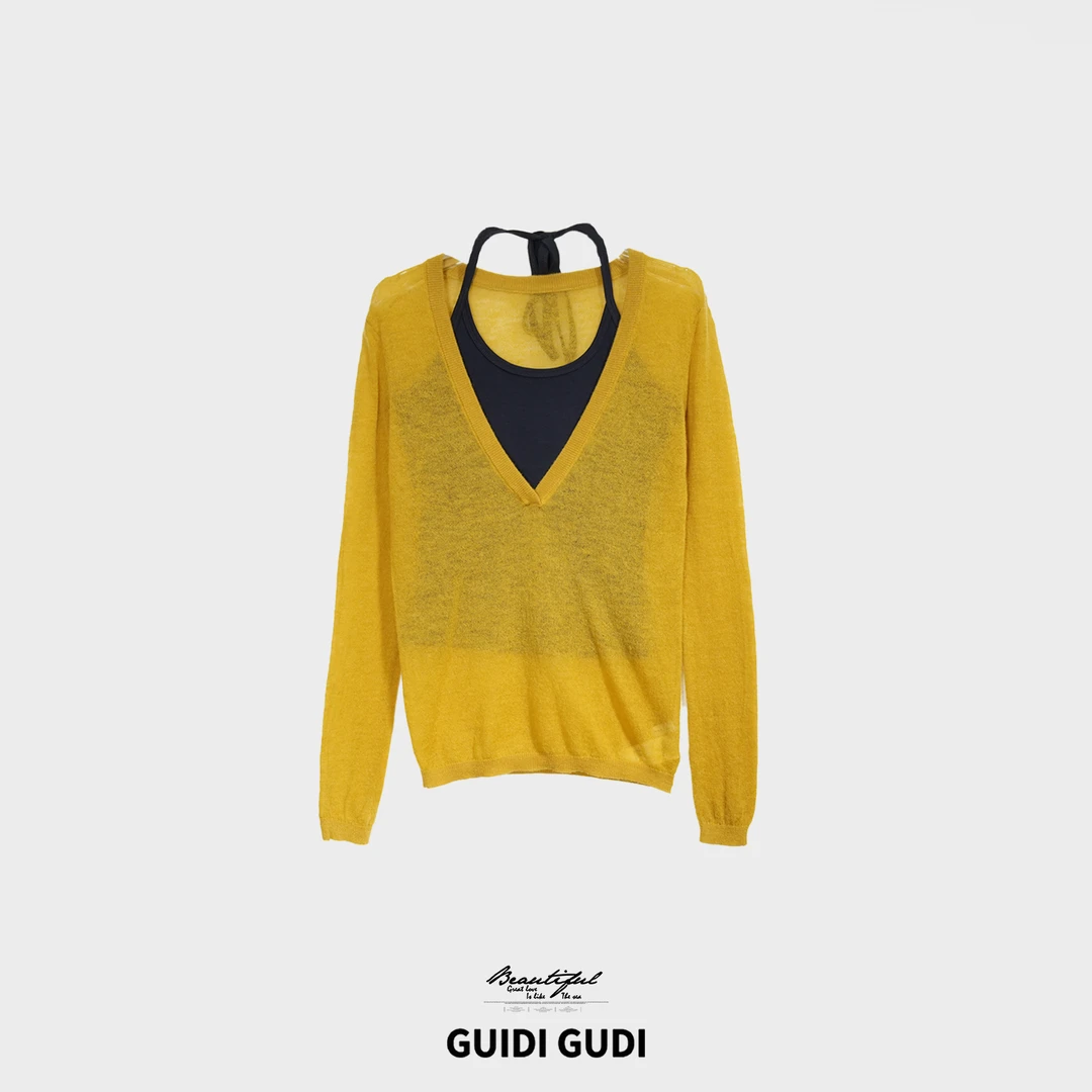 GUIDI GUDI【秋水一色】高级感宽松百搭休闲长袖两件套/黄加蓝