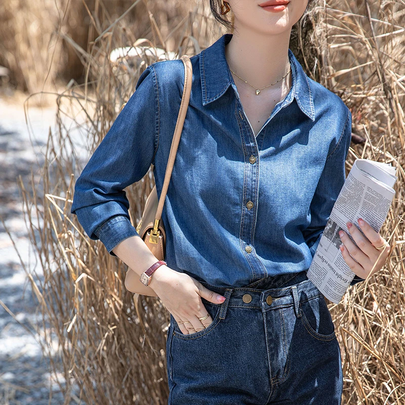 叠穿设计感小众复古港味宽松长袖牛仔上衣7803