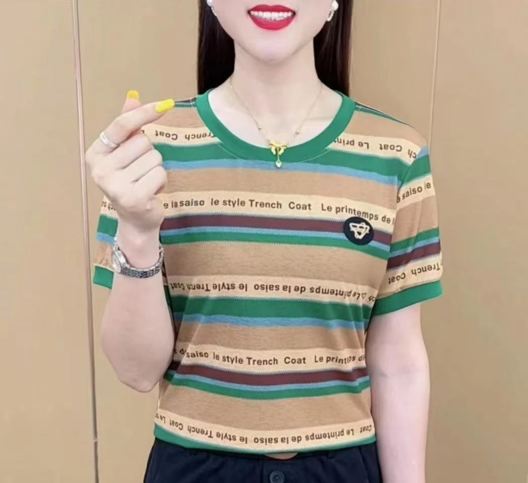 夏季新款时尚圆领条纹字母简约设计t恤休闲百搭减龄短袖上衣