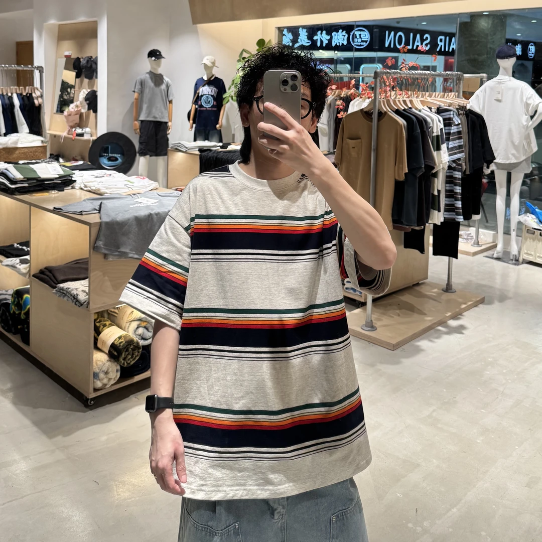 日系宽松短袖条纹T恤半袖休闲中性风男女潮流上衣LF2572