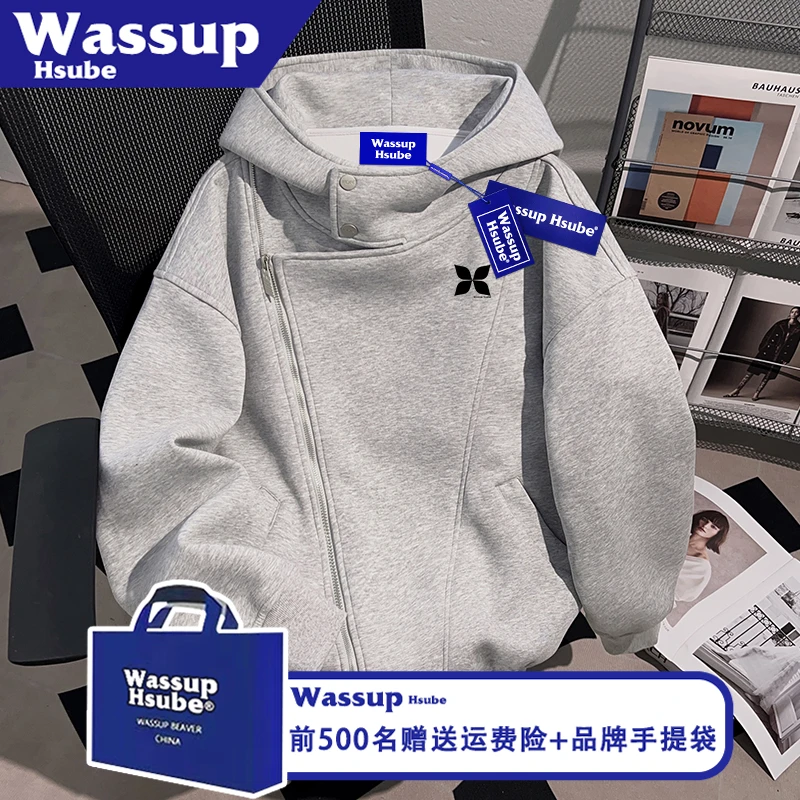 WASSUP HSUBE图案印花外套男女拉链卫衣秋冬加绒连帽浅灰百搭开衫