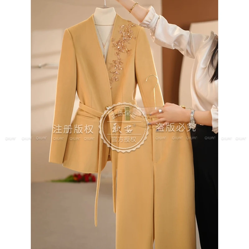 【伊美轻奢】2025秋冬新款黄色刺绣优雅时尚气质减龄休闲复古套装