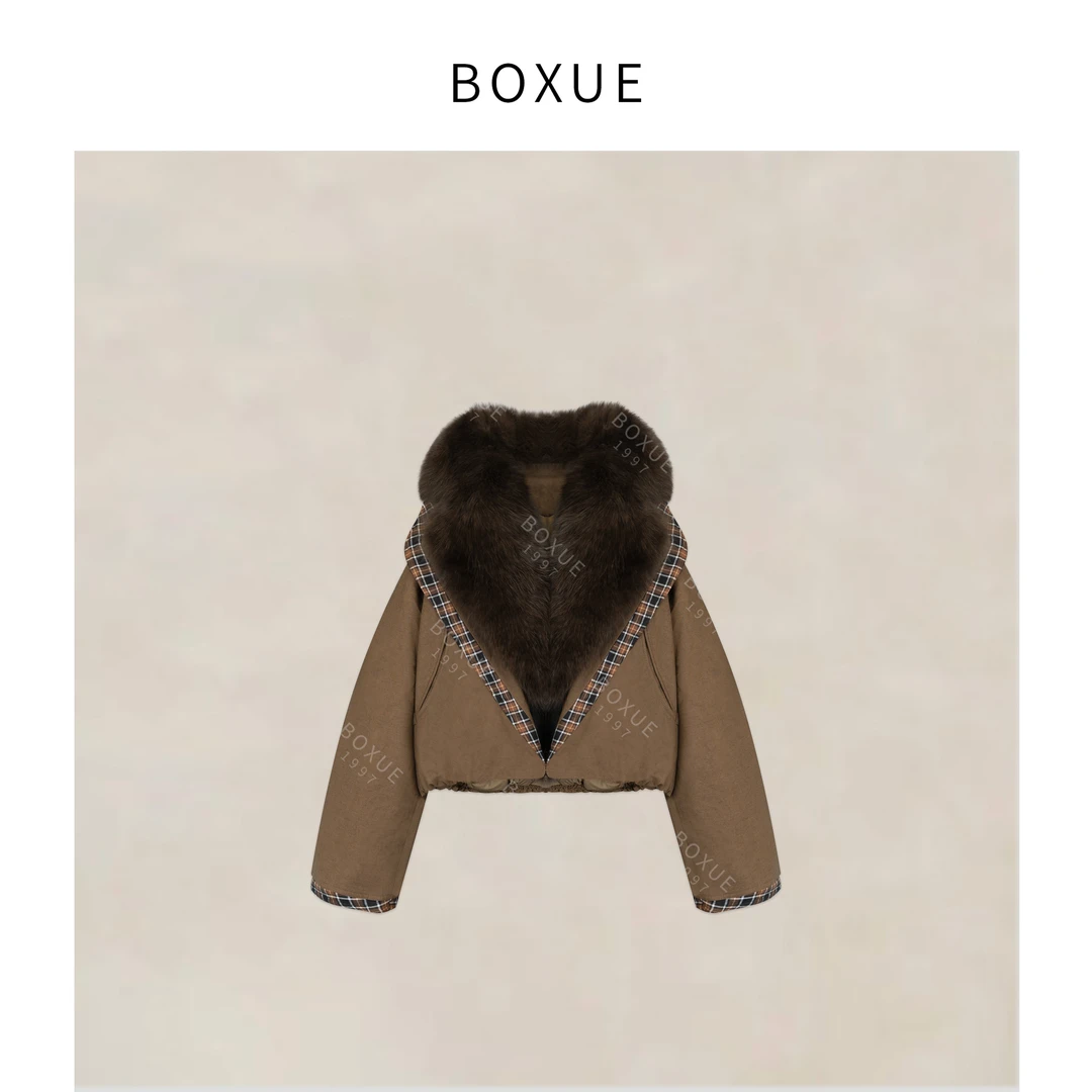 BOXUE“落叶”2025冬季高级感狐狸毛领鹅绒羽绒服外套#250918YR5019