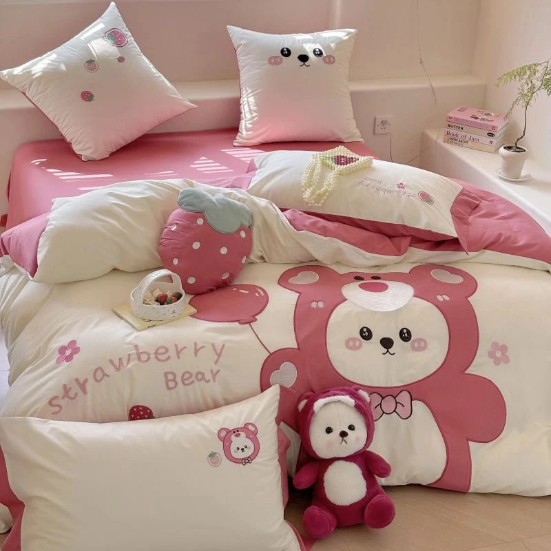 卡通全棉水洗棉四件套可爱草莓熊纯棉被套床单儿童款双人床上用品