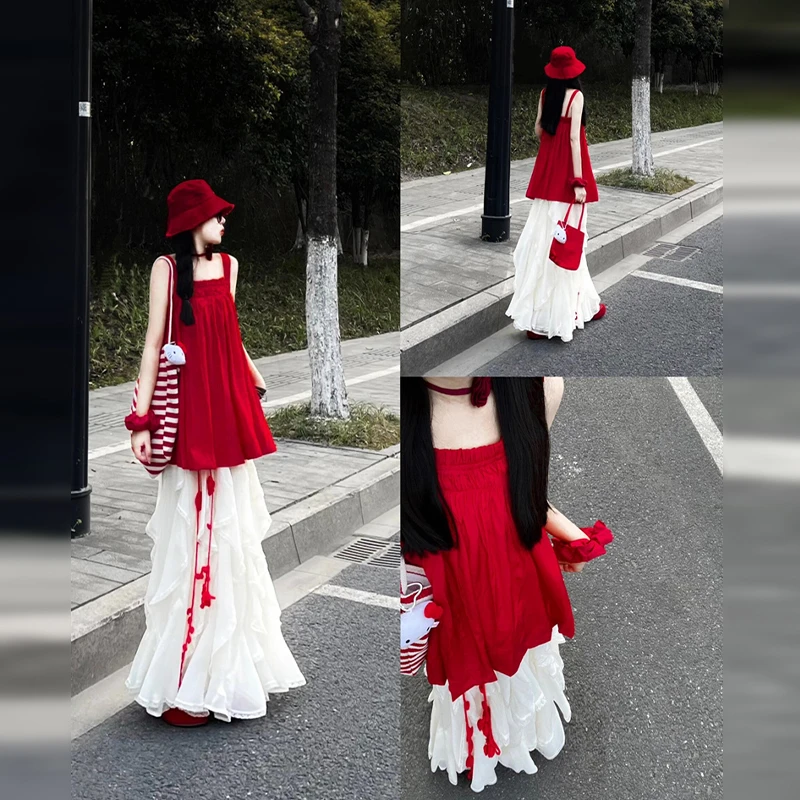 温柔甜美高级感红色吊带连衣裙子女夏季2025新款爆款法式短裙3602