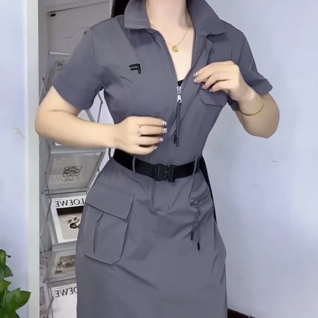 梭织女夏季显高中长裙运动连衣裙高腰连衣裙女士女装春夏时尚