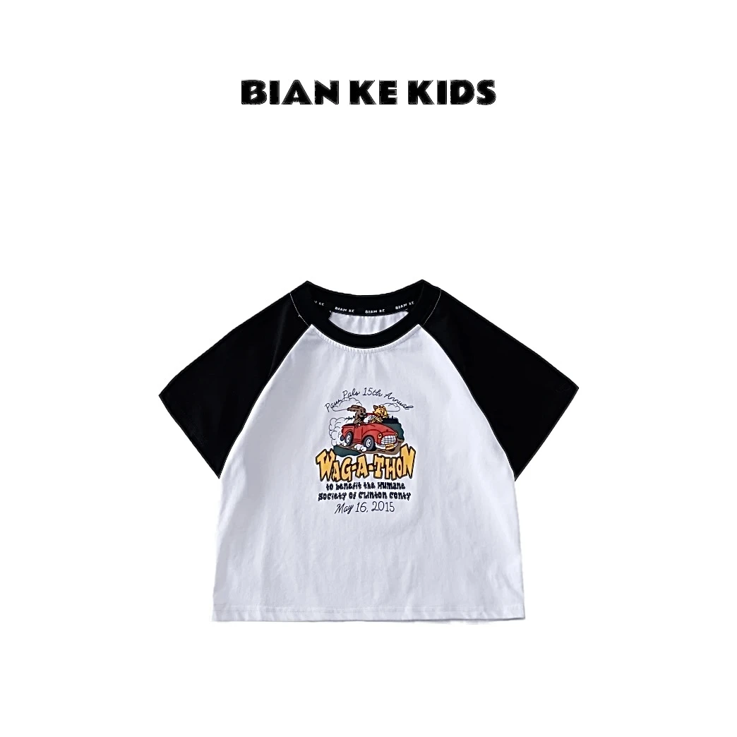 2025夏季儿童品牌棉质透气吸汗卡通可爱汽车印花男童短袖T恤