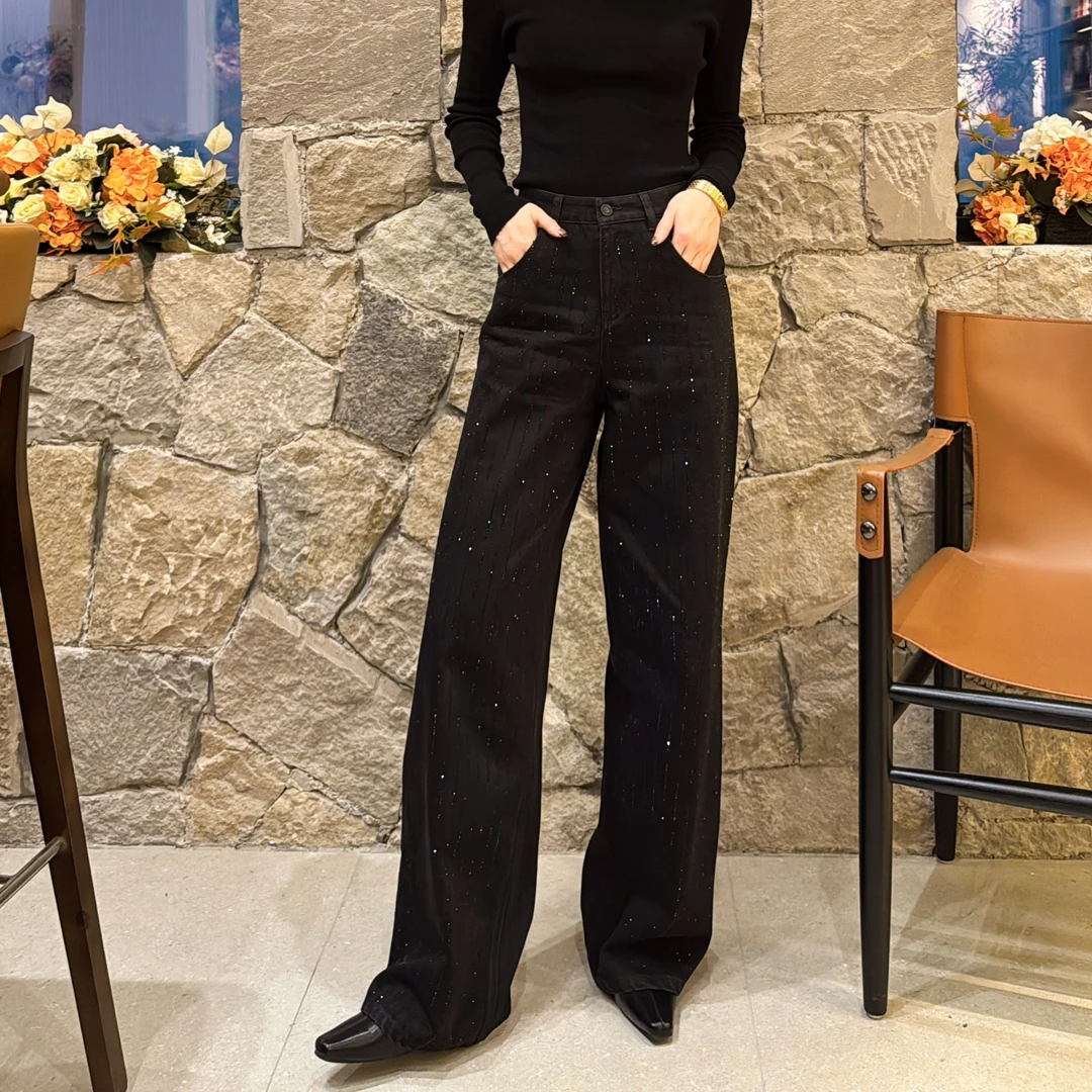 51408/GLACE黑色满天星闪钻直筒牛仔裤新款百搭高腰显瘦时尚女裤