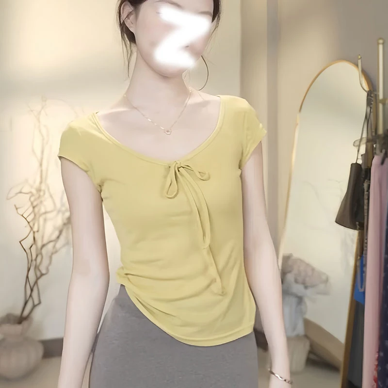 韩系设计感系带纯欲风u领正肩短袖t恤女气质显瘦收腰时尚