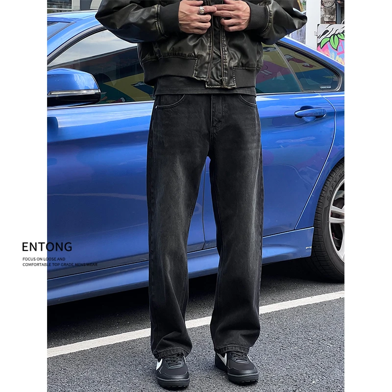 Entong美式水洗黑色牛仔裤男生轻奢潮流宽松直筒裤子百搭休闲长裤