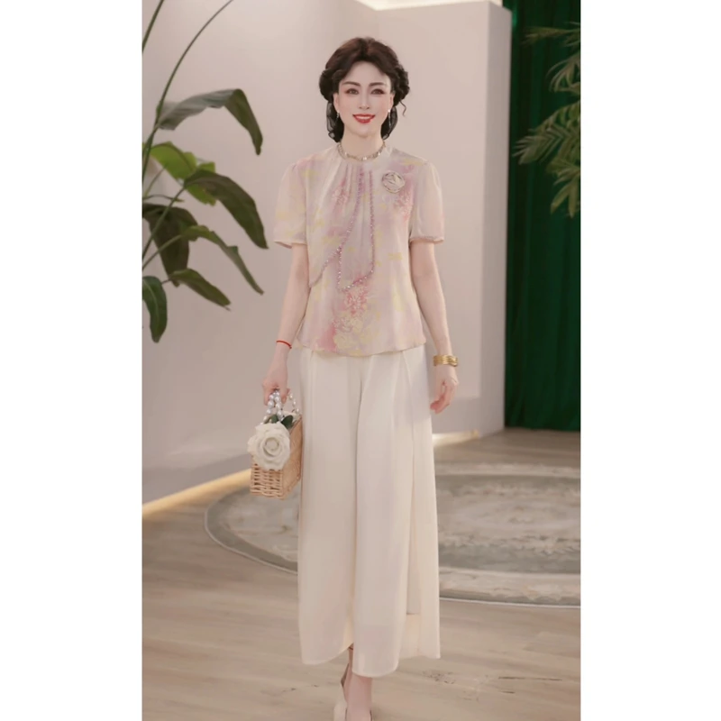 2025新款夏季妈妈装薄款时尚套装气质衬衣女装洋气减龄T恤两件套