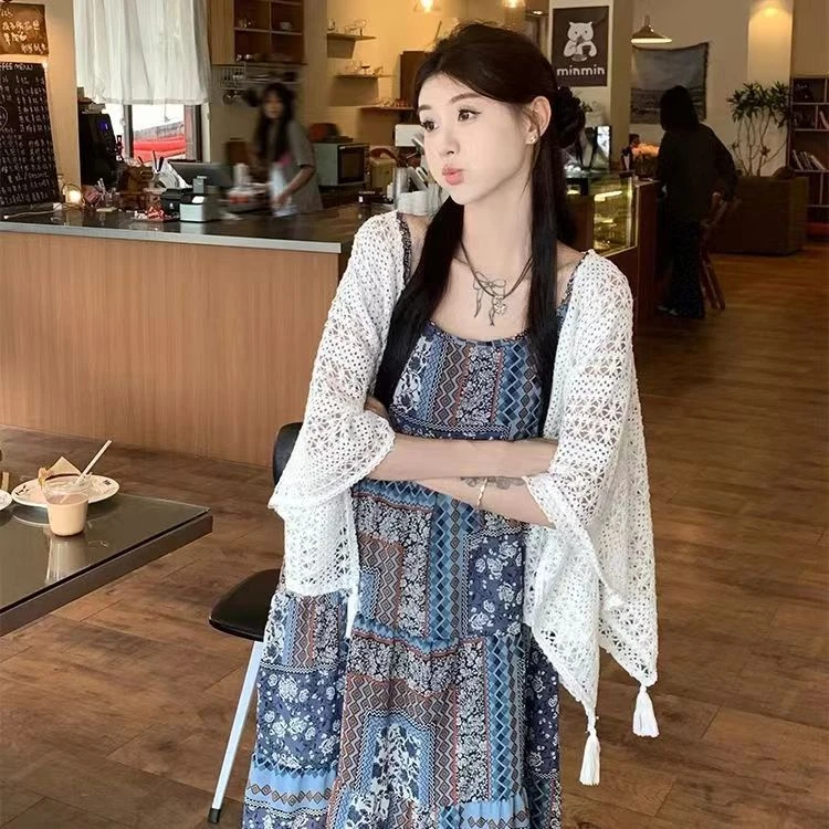 云南民族风扎染披肩度假针织斗篷女草原旅游拍照披风汉服旗袍外搭