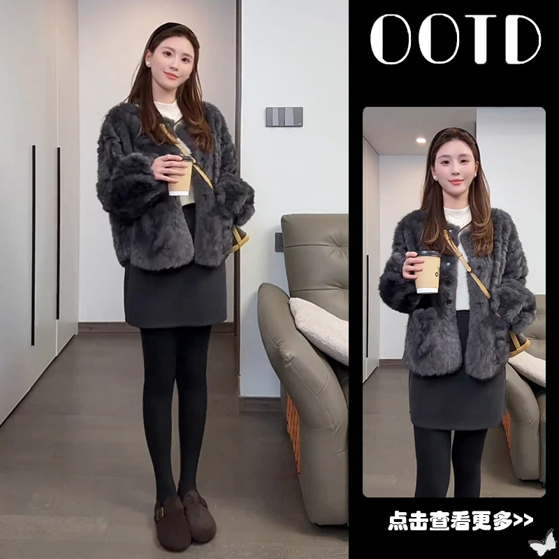 超火秋季穿搭一整套女2025新款高级感毛绒外套打底衫短裙三件套