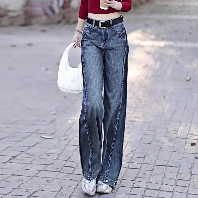 拉夏贝尔复古窄版阔腿牛仔裤女2025春秋季新款高腰显瘦宽松弯刀裤