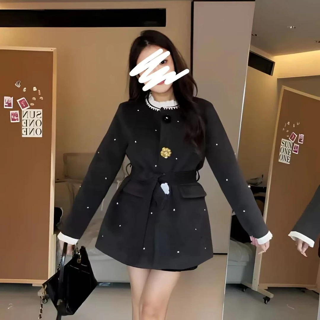 胖mm大码女装名媛加棉系绳收腰气质重工烫砖外套毛呢显瘦百搭