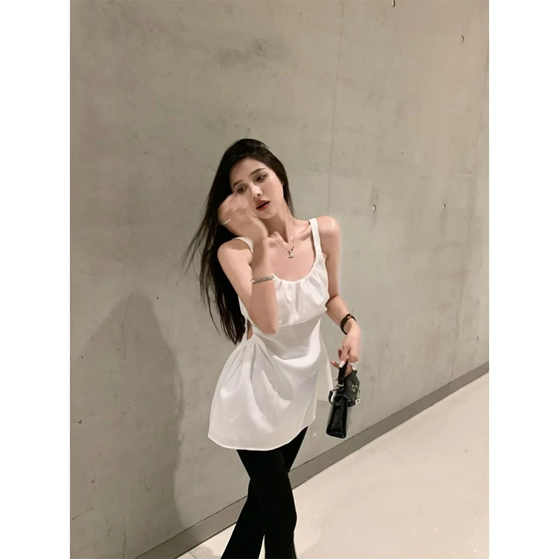 2025夏日纯欲性感辣妹白色背心吊带上衣高腰黑色修身百搭长裤套装