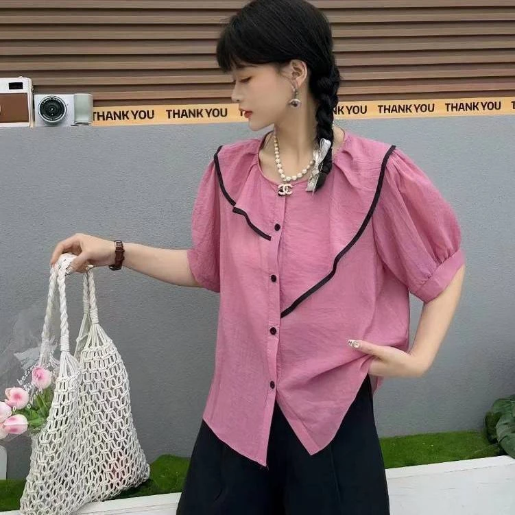 荷叶边短袖衬衫女夏季法式甜美漂亮小衫减龄别致泡泡袖不规则上衣