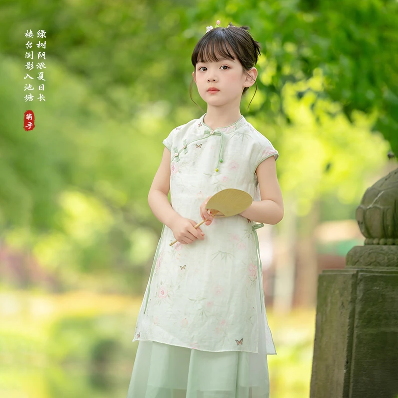 萌乎【竹露】新中式女童2025夏古风短袖儿童国风旗袍连衣裙-252329