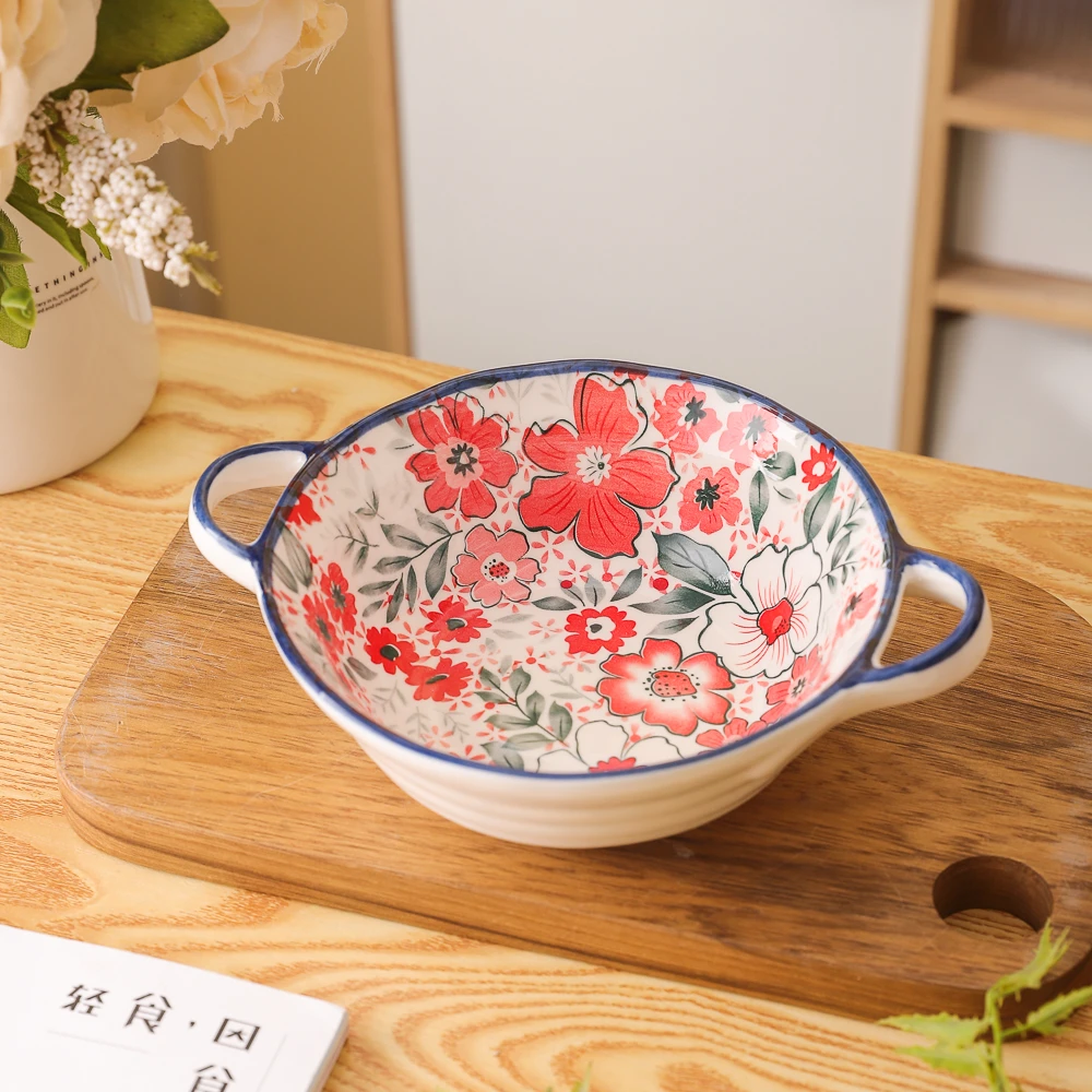 七里香系列高颜值家用陶瓷餐具8英寸双耳罗纹汤碗面碗（1个装）