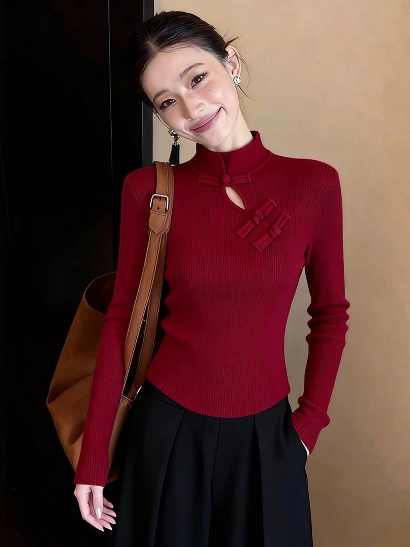 新中式复古时尚斜襟盘扣设计针织衫女2025秋季新款修身显瘦毛衣潮