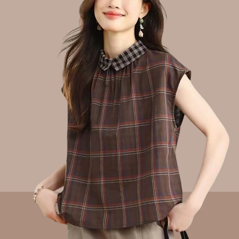 2025夏季时尚新款复古洋气小翻领宽松显瘦舒适百搭格纹短袖衬衫