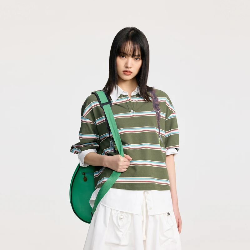 REVAN芮范2025夏新品网球风麻花辫绿条纹T恤RL30802093