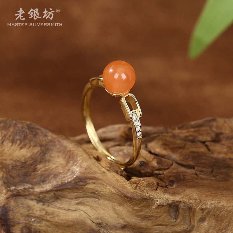 【老银坊】s925银镀金南红链条戒指 00312203
