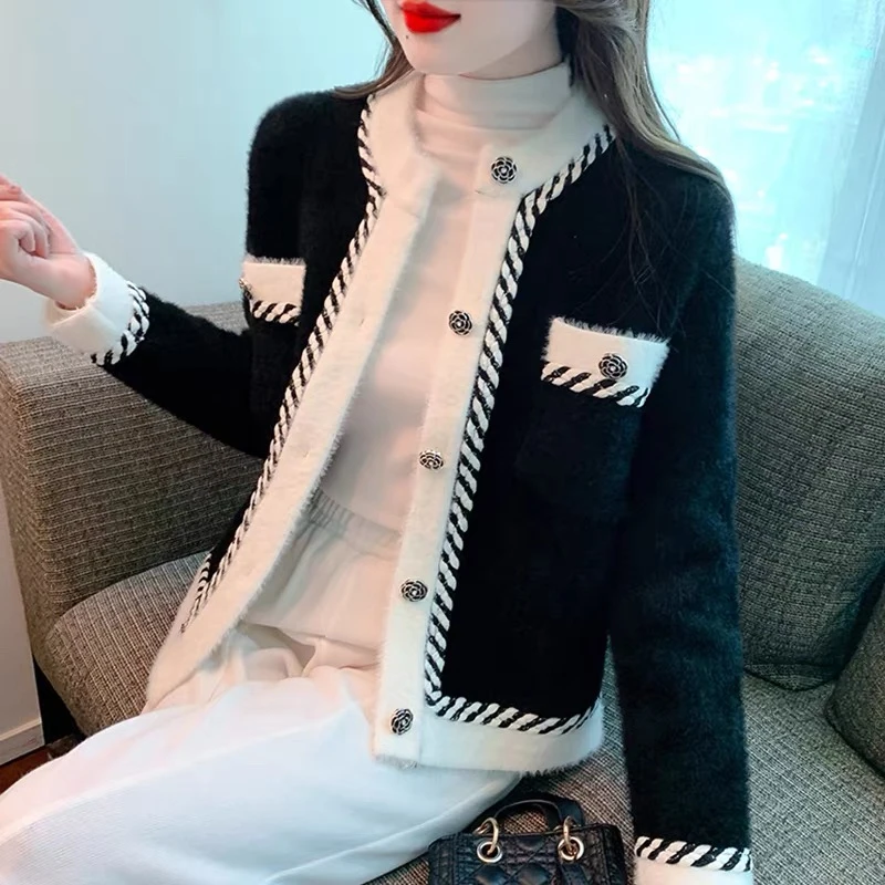 【现货】小香风水貂撞色针织外套女2025秋季新款气质宽松上衣