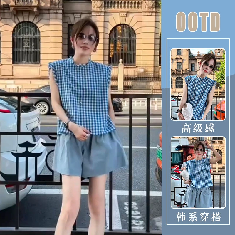夏季休闲衬衫韩系通用无袖格子复古设计感短袖休闲时尚小众两件套