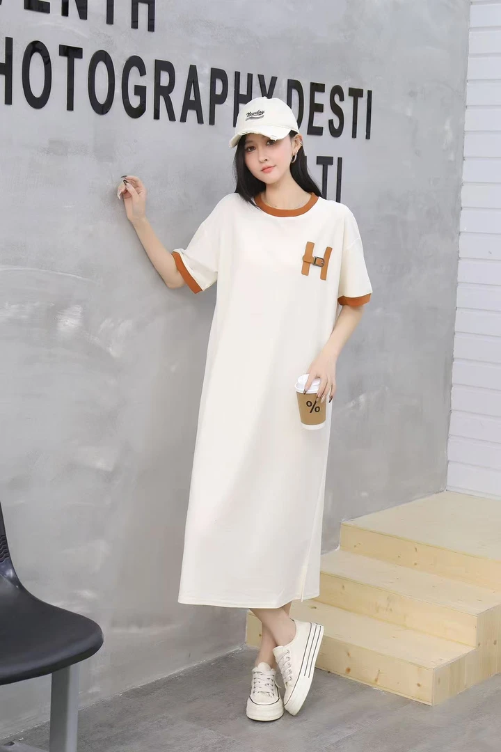 【晨浠定制】新款时尚气质高级感圆领短袖T恤连衣裙8017