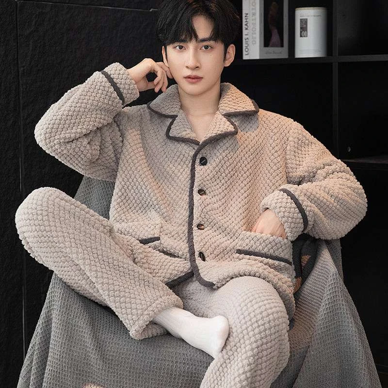 【万达撤柜】格子提花翻领男士珊瑚绒睡衣冬季加绒加厚保暖珊瑚绒