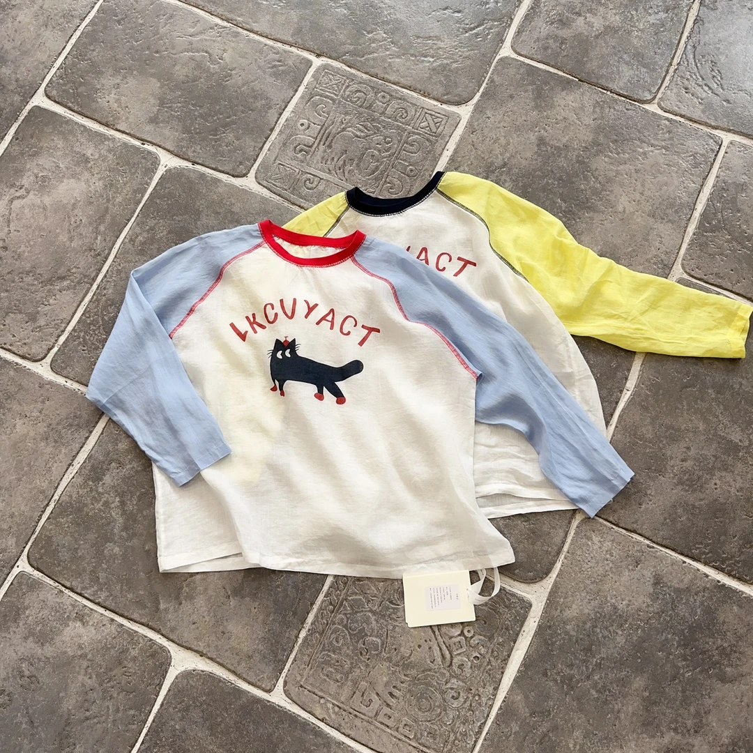 “幸运猫”100苎麻撞色拼接插肩宽松防晒罩衫250585