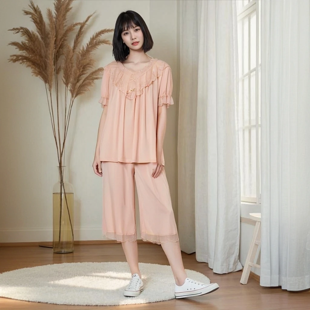 2025夏季新款短袖七八分裤睡衣女高档宫廷风家居服套装减龄高级感