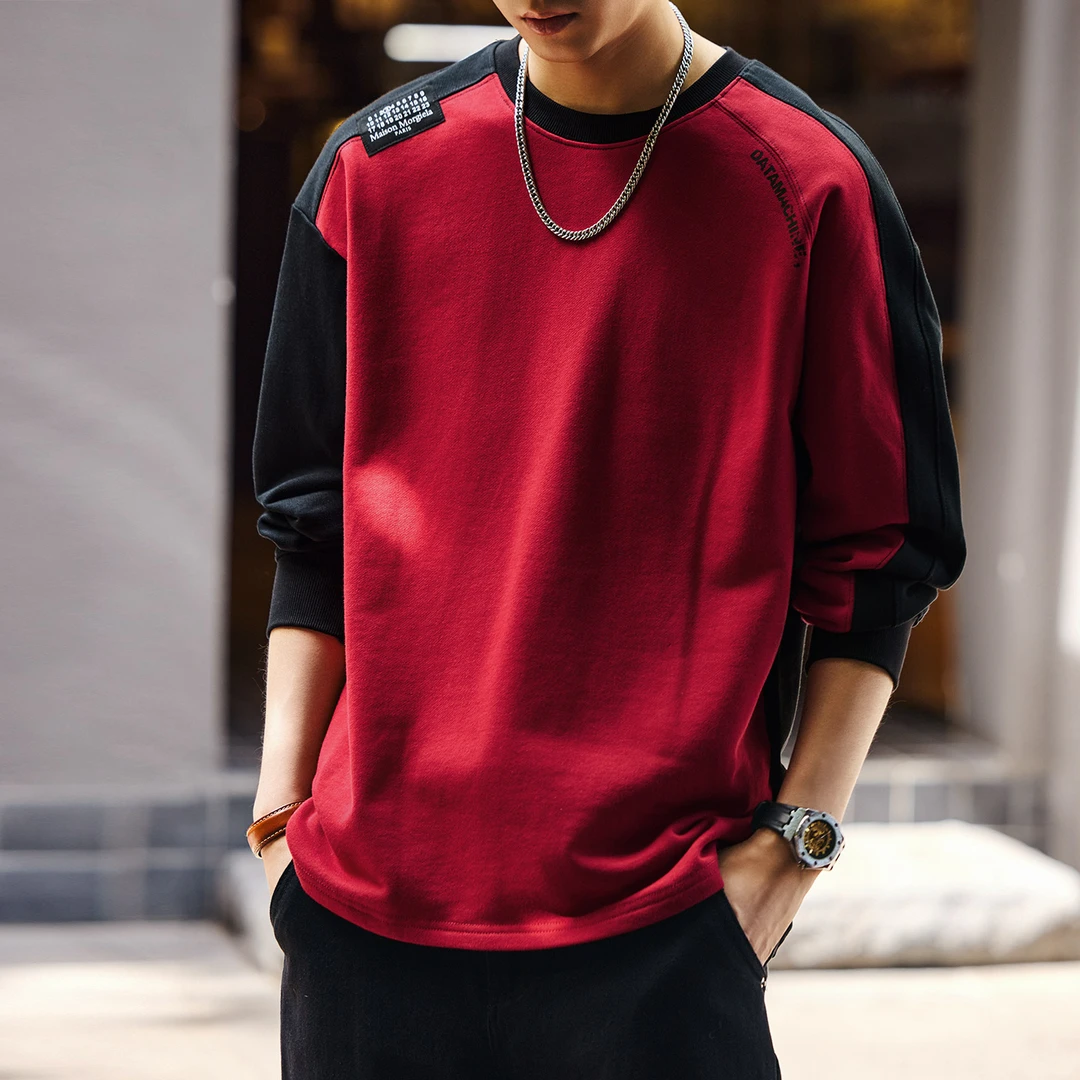 格蓝鹿美式撞色420g插肩重磅长袖T恤男秋季加绒宽松百搭卫衣男装