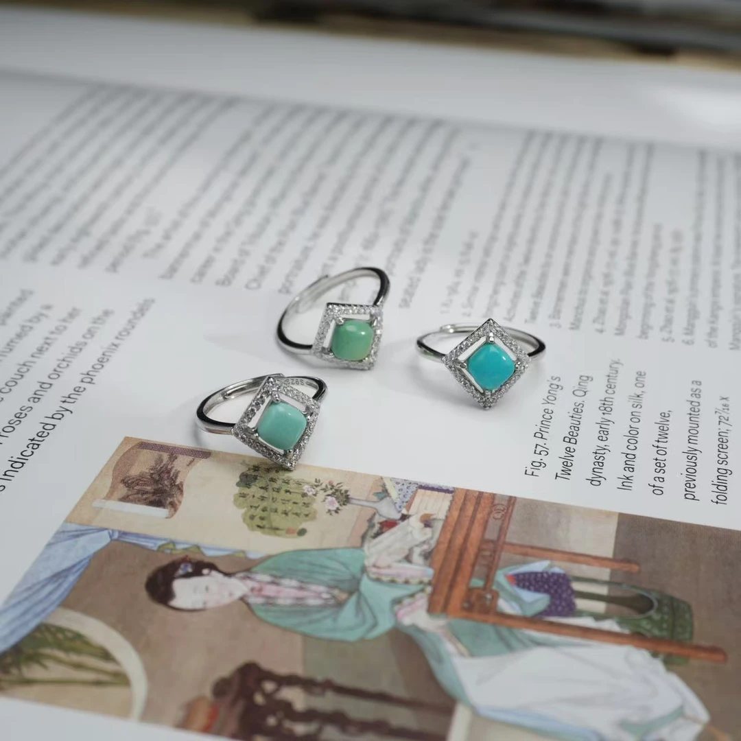 【要努力】D349 绿松银925镶嵌 绿松石方面镂空镶闪戒指多样性发一