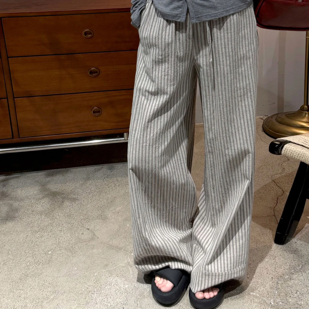 韩系ins时尚百搭宽松显瘦直筒阔腿条纹休闲长裤子女J25218315