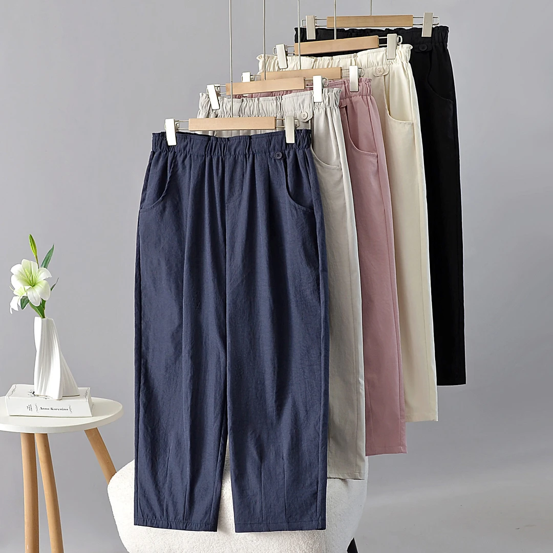 九分裤妈妈款亚麻裤子松紧腰中年女装薄款防蚊长裤