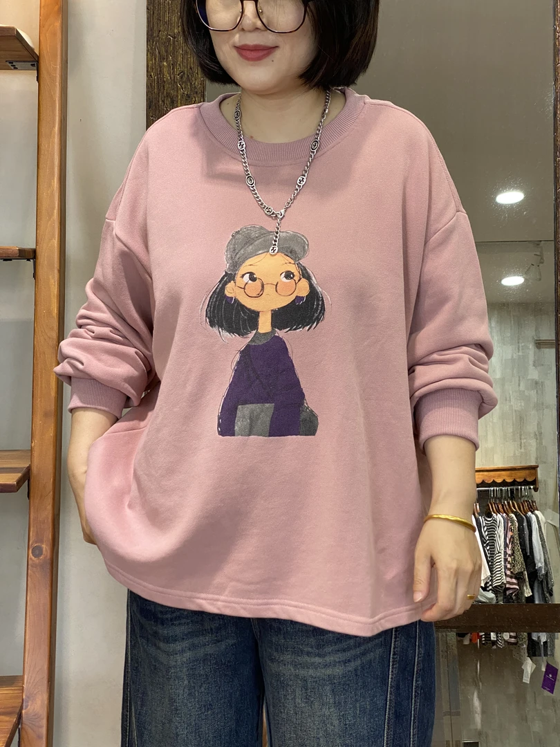 卫衣-10742大码女装秋冬棉质胖MM宽松文艺卡通女孩熨染百搭
