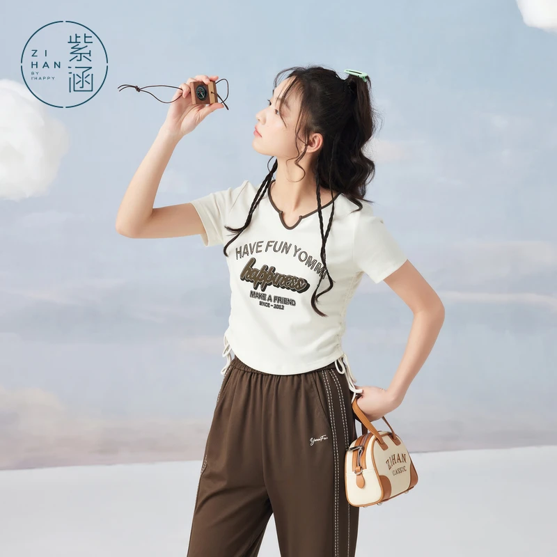 紫涵短款字母印花T恤夏季美式甜辣妹修身抽绳短袖上衣Z4Z04AS218