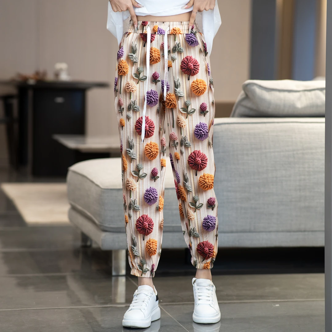 韩版潮流5D数码彩印花裤女夏季爆款宽松遮肉显瘦九分休闲束脚裤