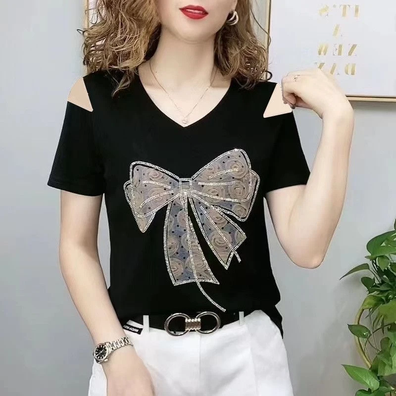 2025年夏季新款韩版短袖t恤女修身气质上衣ins洋气大码显瘦v领