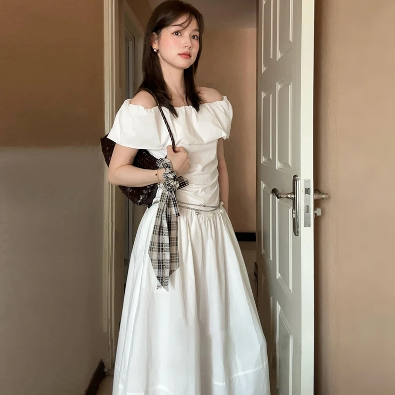 白色一字肩连衣裙子女夏季2025新款温柔风高级感气质长裙两件套装