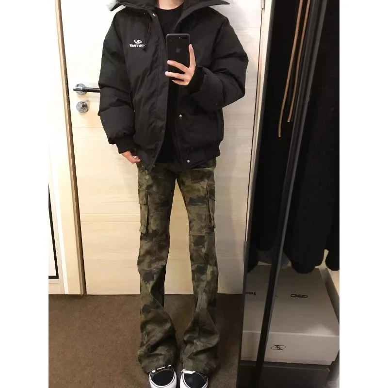 美式高街vibe迷彩工装牛仔裤男款春秋季cleanfit穿搭微喇直筒裤子