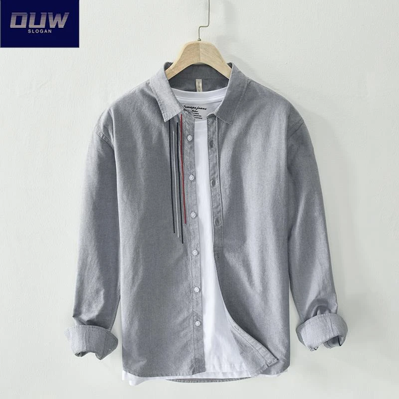 O.U.W纯棉衬衫设计感初秋潮流日系休闲外套灰色翻领长袖衬衣男士