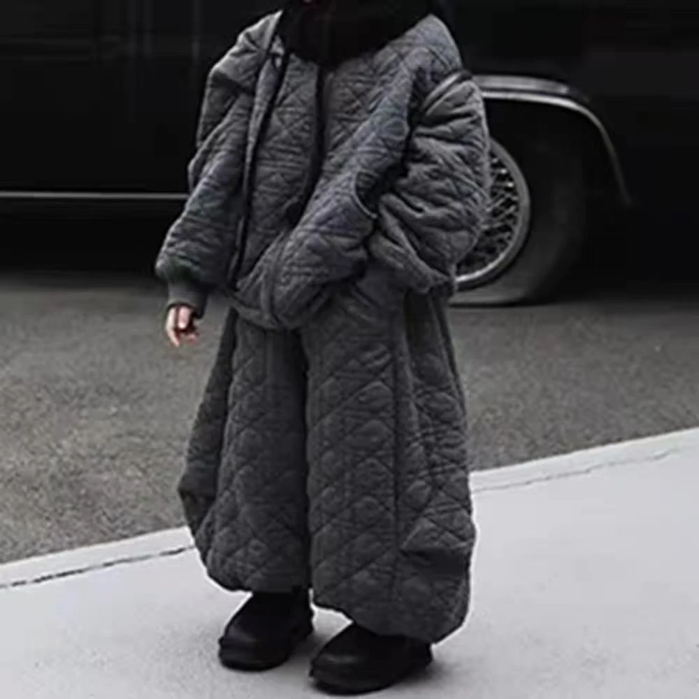 男童双层保暖套装复古风菱格纹棉服秋冬加厚加绒宽松休闲两件套潮