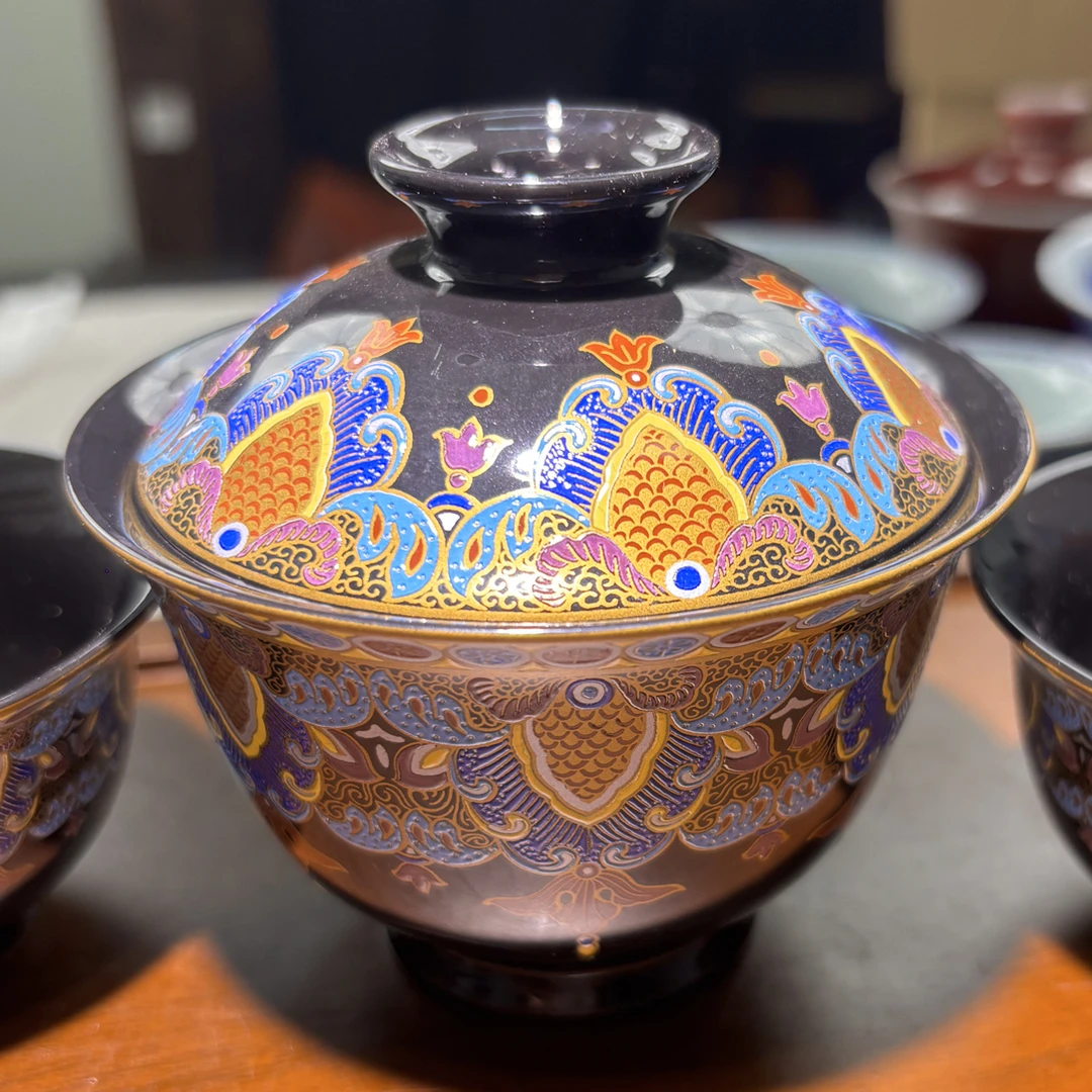 景德镇乌金釉璎珞纹二才盖碗珐琅彩陶瓷高档茶盖碗两件套功夫茶具