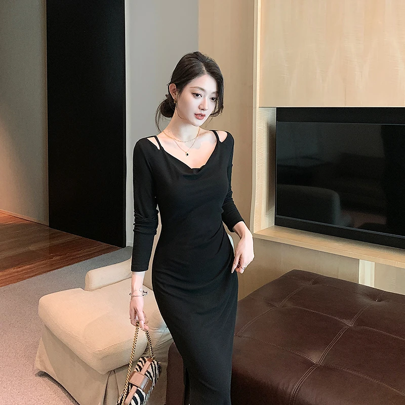 林关关【暗夜魅影】法式黑色修身露肩连衣裙气质显瘦长款包臀裙子女