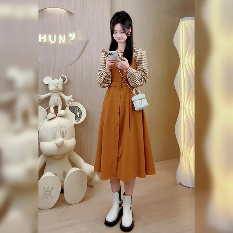 8677春秋季女装高级感法式茶歇小香风显瘦格子假两件连衣裙子